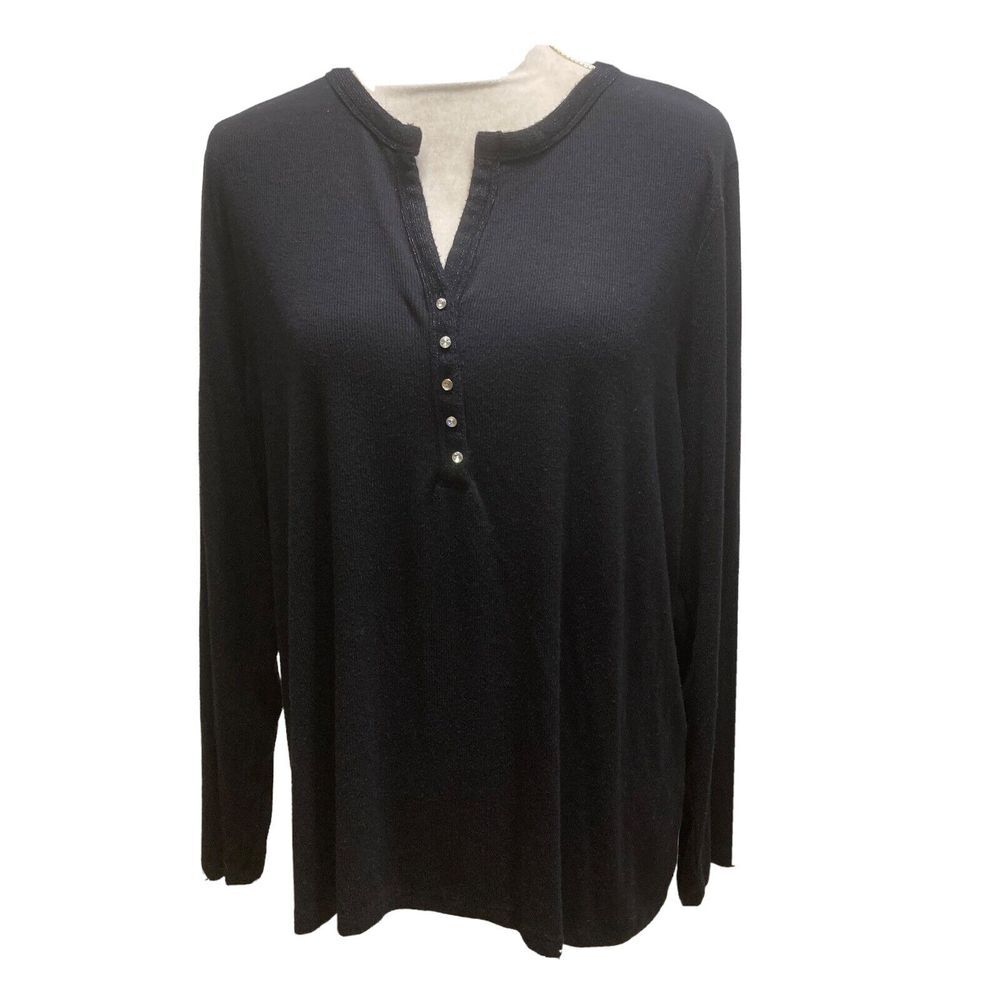 Charter Club Woman 2X‎ Top Sweater Black long Sleeve buttons shiny black trim